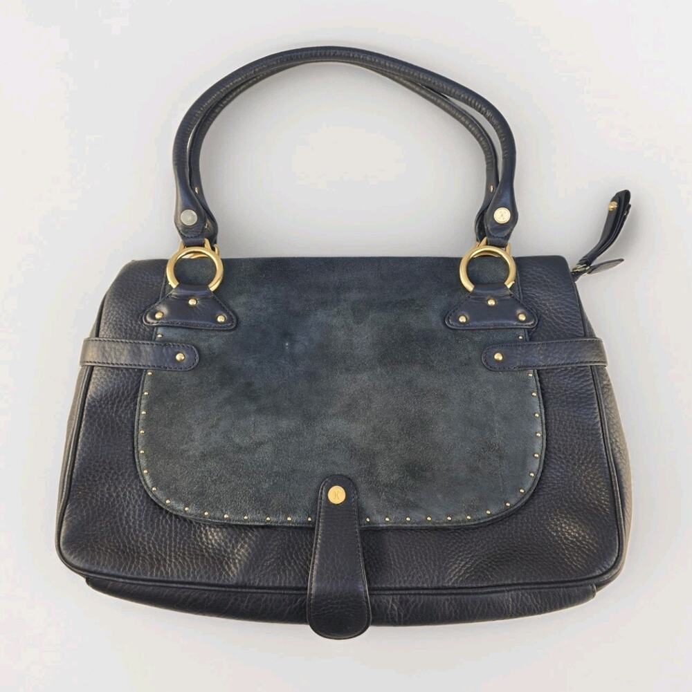 Cole Haan Stephanie Navy Blue Leather And Suede Shoulder Bag Handbag Gold Detail